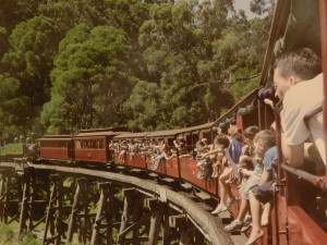 The century old Puffing Billy Railway making it way across the timber trestle